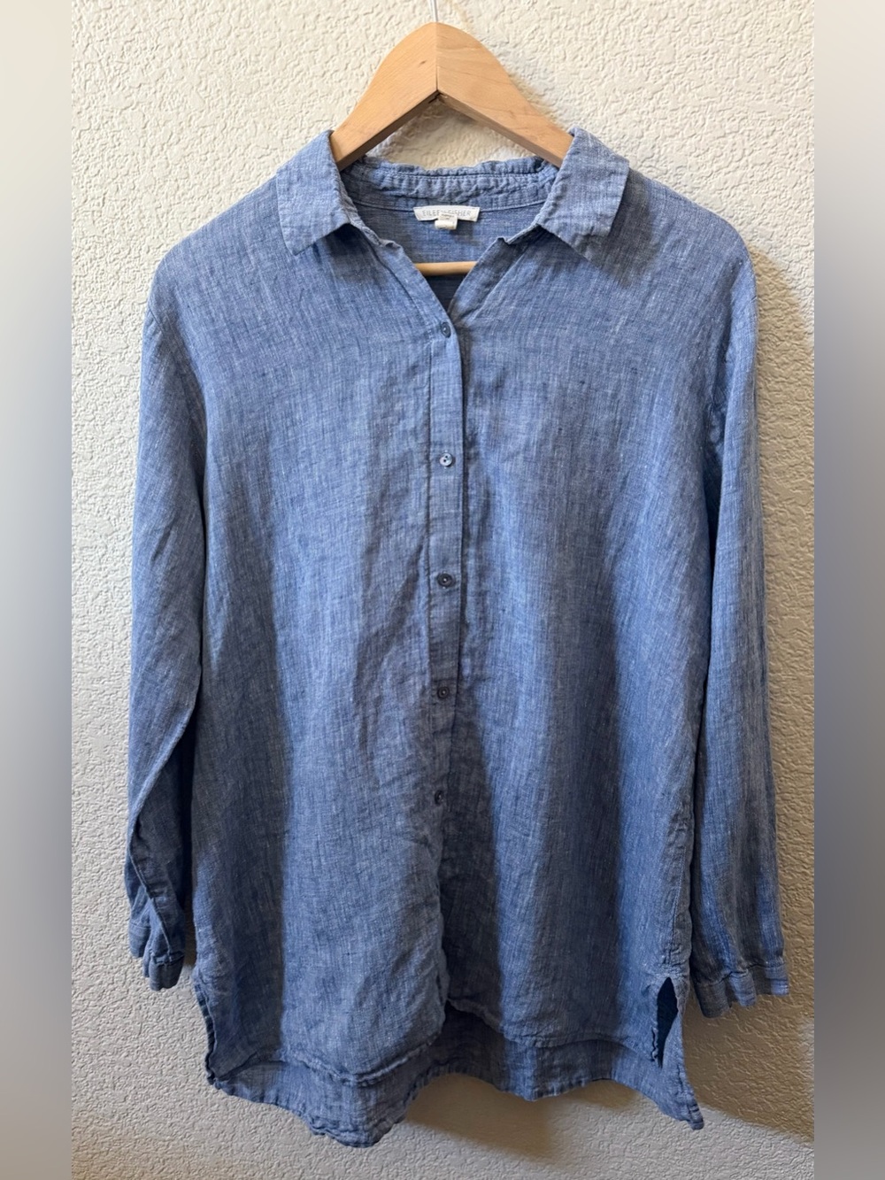 Eileen Fisher Size Medium Blue Chambray Linen Long Sleeve Tunic Blouse